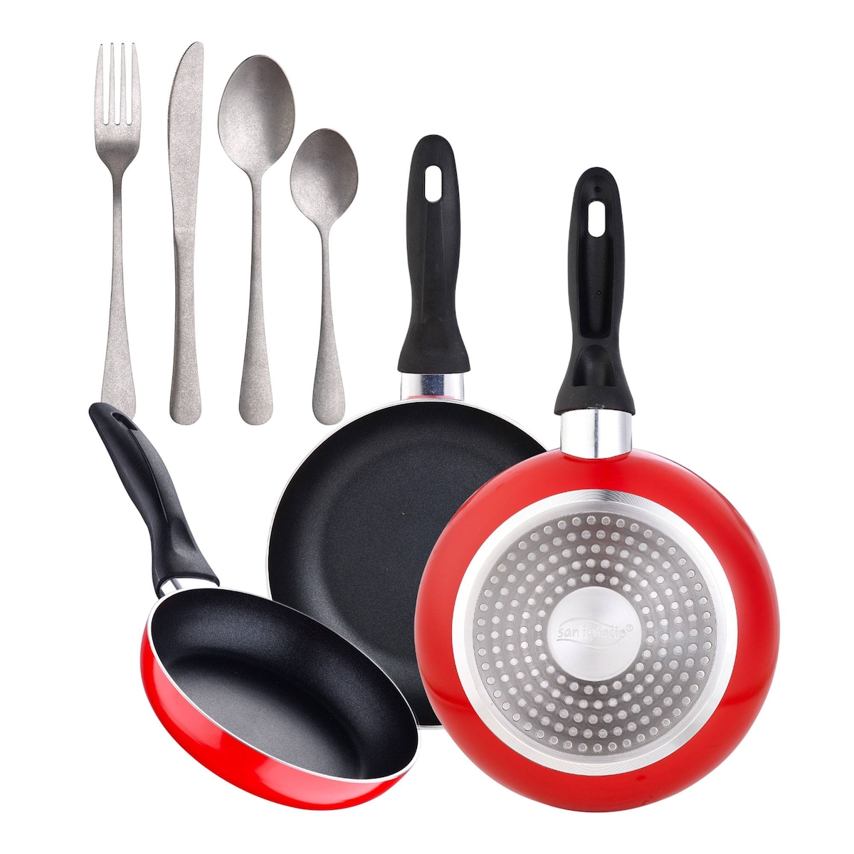 BERGNER - Set aus 3 Pfannen Ø16/Ø20/Ø24 cm aus gepresstem Aluminium, geeignet für Induktion Navy Red 16-teiliges Besteckset aus Edelstahl