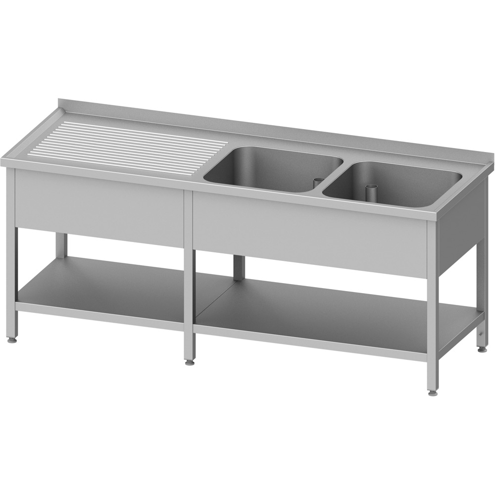 Stalgast Spültisch mit Grundboden, 2400x600x850 mm, mit zwei Becken rechts, mit Aufkantung, verschweißt