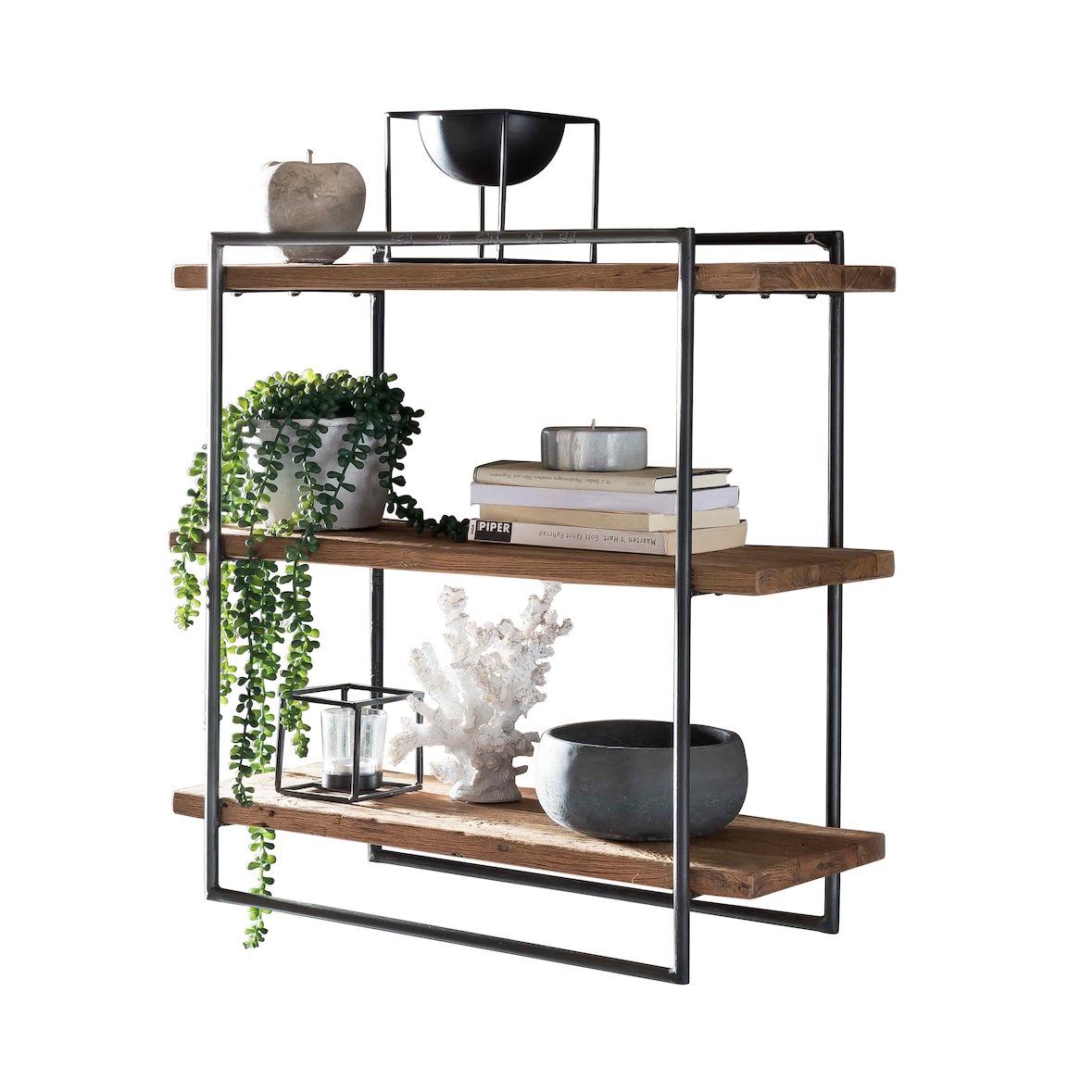 SIT Möbel Étagère murale avec 3 tablettes | Teck naturel | Structure en métal noir | L 61 x P 22 x H 60 cm