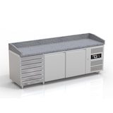 thumbnail of Pizzakühltisch - Pizzatisch mit 2 Türen und 7 Schubladen inkl. Glaskühlaufsatzvitrine für 1/3 GN Behälter - IDEAL graue Granitarbeitsplatte