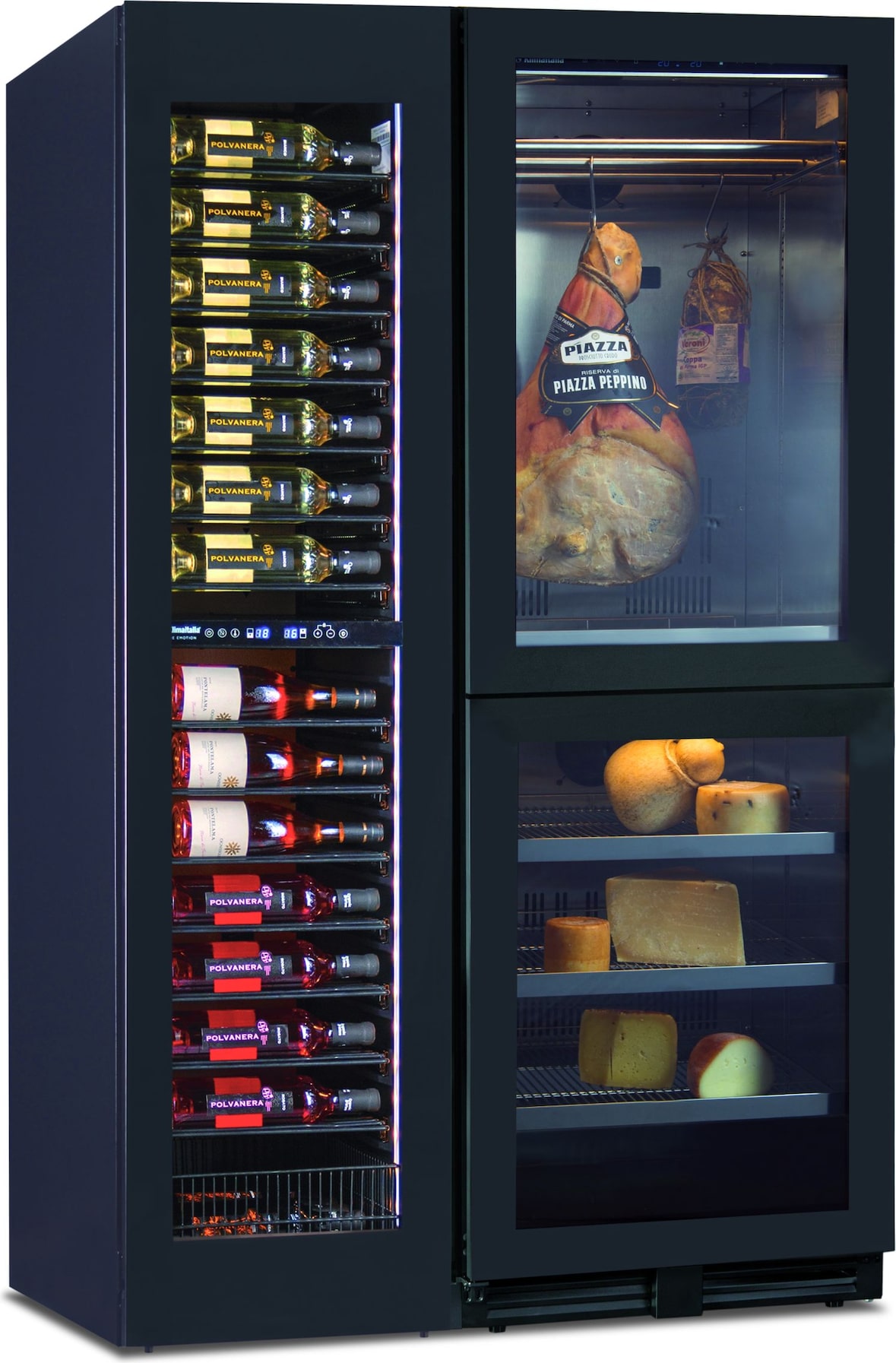 KLIMAITALIA Kombinierter Kühler 4 Zonen Wein, gepökeltes Fleisch & Käse. 105 Flaschen. Bars & Haken gepökelte Fleischsorten. LED-Beleuchtung. Dim. (Lx