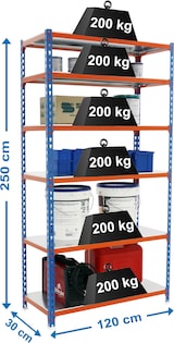 thumbnail of SimonRack Estantería Metálica, 2500x1200x300 mm, 6 Alturas, Bandeja Metal, 200 kg de Punto Flexión, Azul/Naranja/Galva - Simonclick