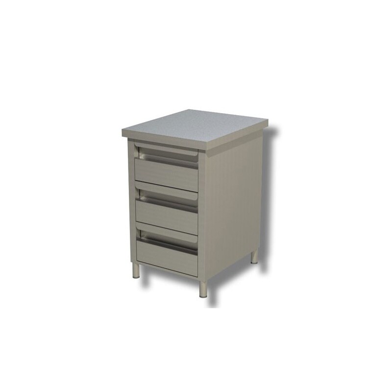Cassettiera inox a 3 cassetti, senza alzatina posteriore. Prof. 70