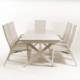 thumbnail of Conjunto de mesas e cadeiras de exterior, empilháveis, Alumínio e têxtil, Branco envelhecido, Mesa: 170x100x75 Cadeiras: 70x57x110