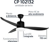 thumbnail of Ventilador de techo con luz Orbegozo CP 102132, motor AC, 3 velocidades, 3 aspas, mando a distancia, temporizador, 132 cm de diámetro