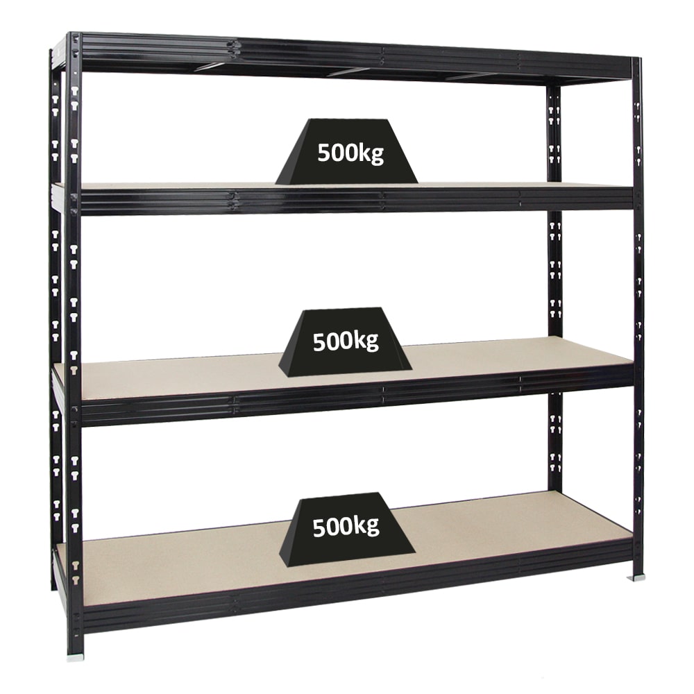 PROREGAL Étagère charge lourde RHINO, HxLxP 180x200x60cm, 500kg par niveau, Tablette 8mm, Noir, Étagère de garage, étagère de rangement