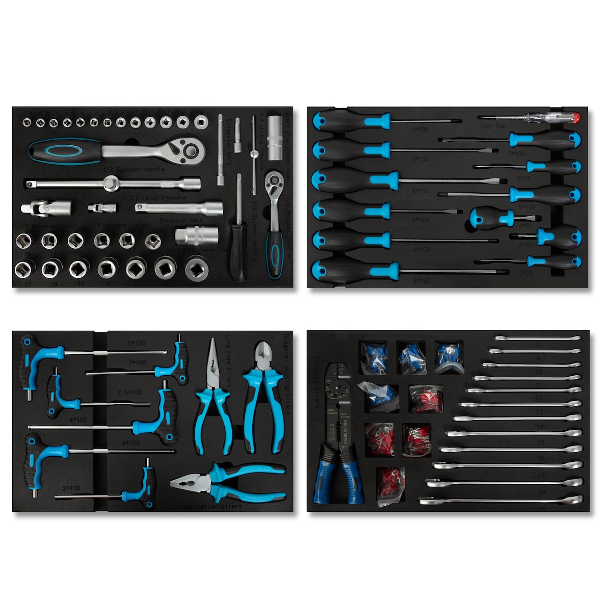 EBERTH gereedschapset 81-delig voor wagen, schuimrubber inleg, hardmetaal, ergonomisch, 4 laden, werkplaats, blauw