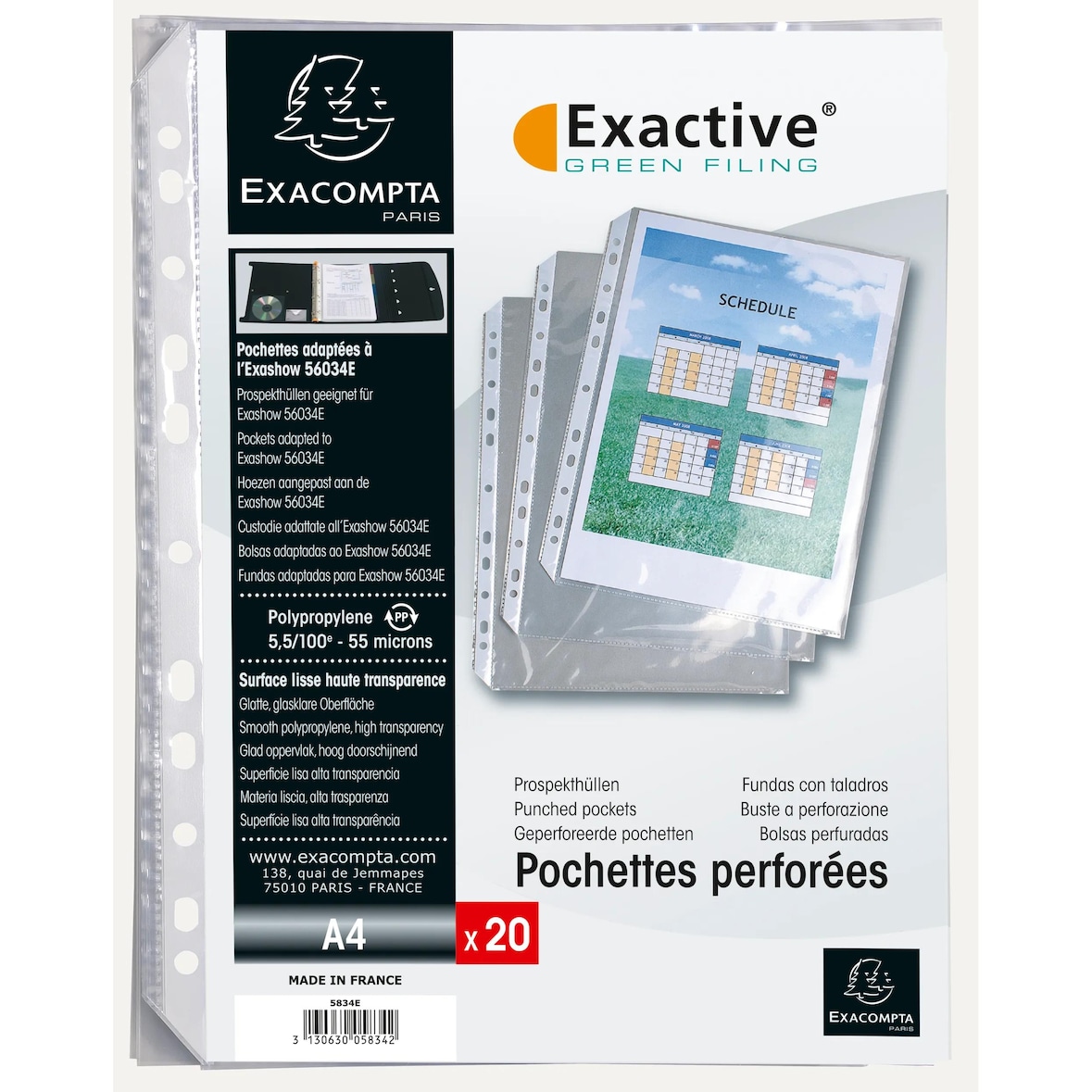 Exacompta - Réf. 5834E - 5 sachets de 20 pochettes perforées avec coins biseautés concues pour classeur Exactive réf 56034E - Format à classer A4
