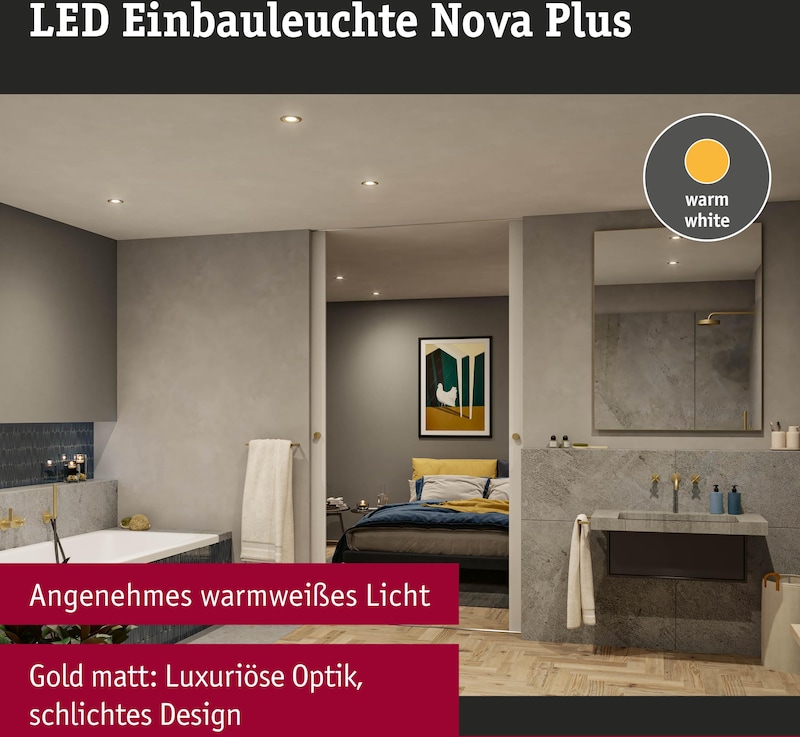 Einbaustrahler mit warmweißem Licht und mattgoldener Oberfläche.