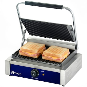 Elektrische grill WORLDMAI 44 x 41 cm met geribbelde platen voor de horeca. Sandwich-contactgrill voor bar en restaurant.
