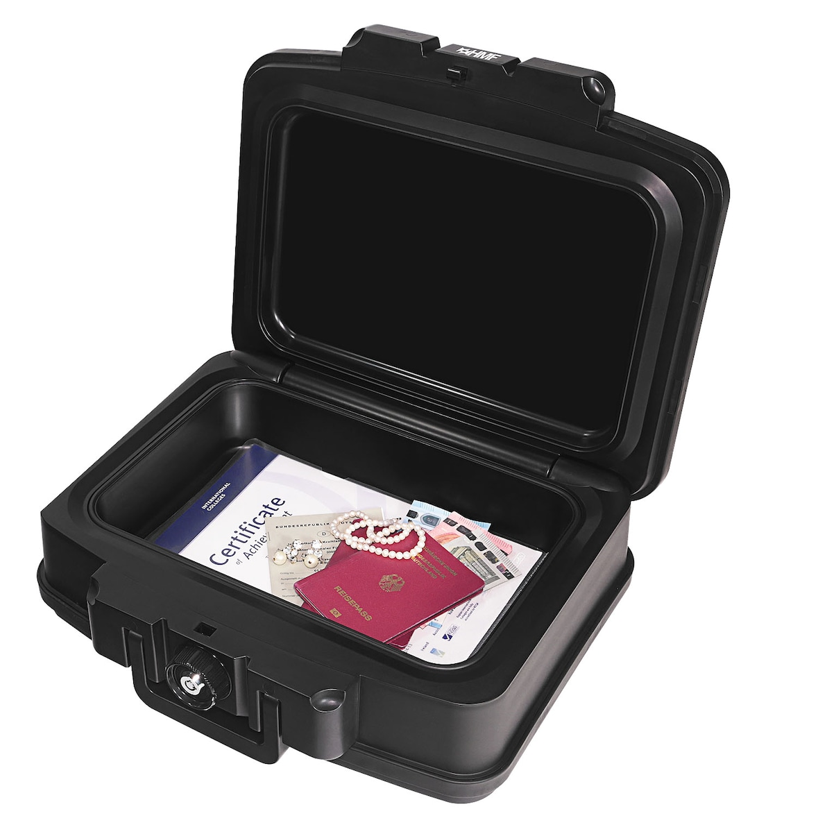 HMF 250452 Feuerfeste Wasserdichte Dokumentenbox, DIN A4, 44,5 x 16,5 x 33 cm, Schwarz