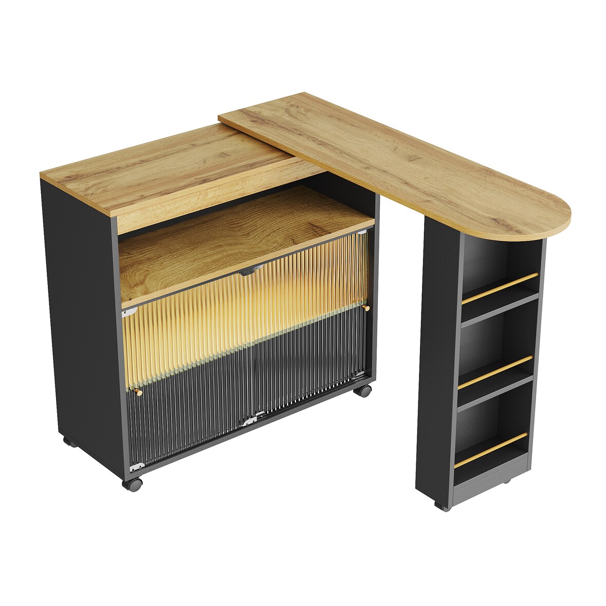 Bartisch 138 204x39x105 cm ausziehbar mit Stauraum und mit LED-Beleuchtung auf Rollen Schwarz MDF modern