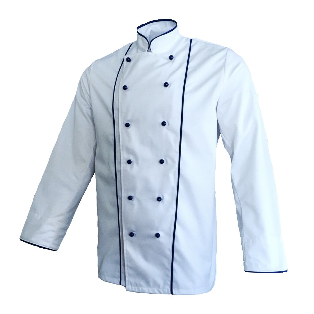 Grevotex Kochjacke, Bäckerjacke in weiß mit blauer Paspel, Größe 44