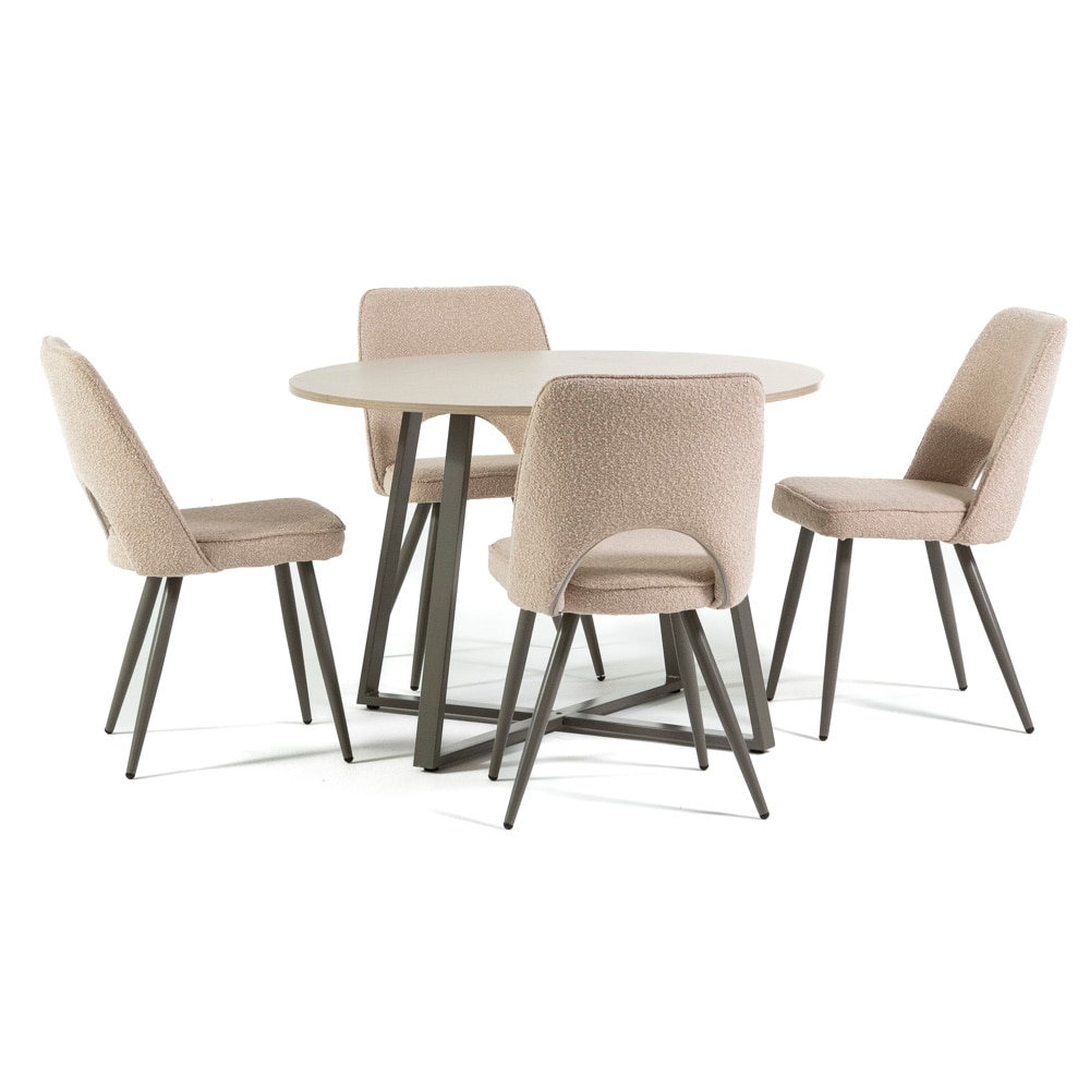 Essgruppe Ø110 cm mit 4 Bouclé-Stühlen, modernes Design mit Kreuzbeinen, ideal für Küche oder Esszimmer – Damiano+Ketty