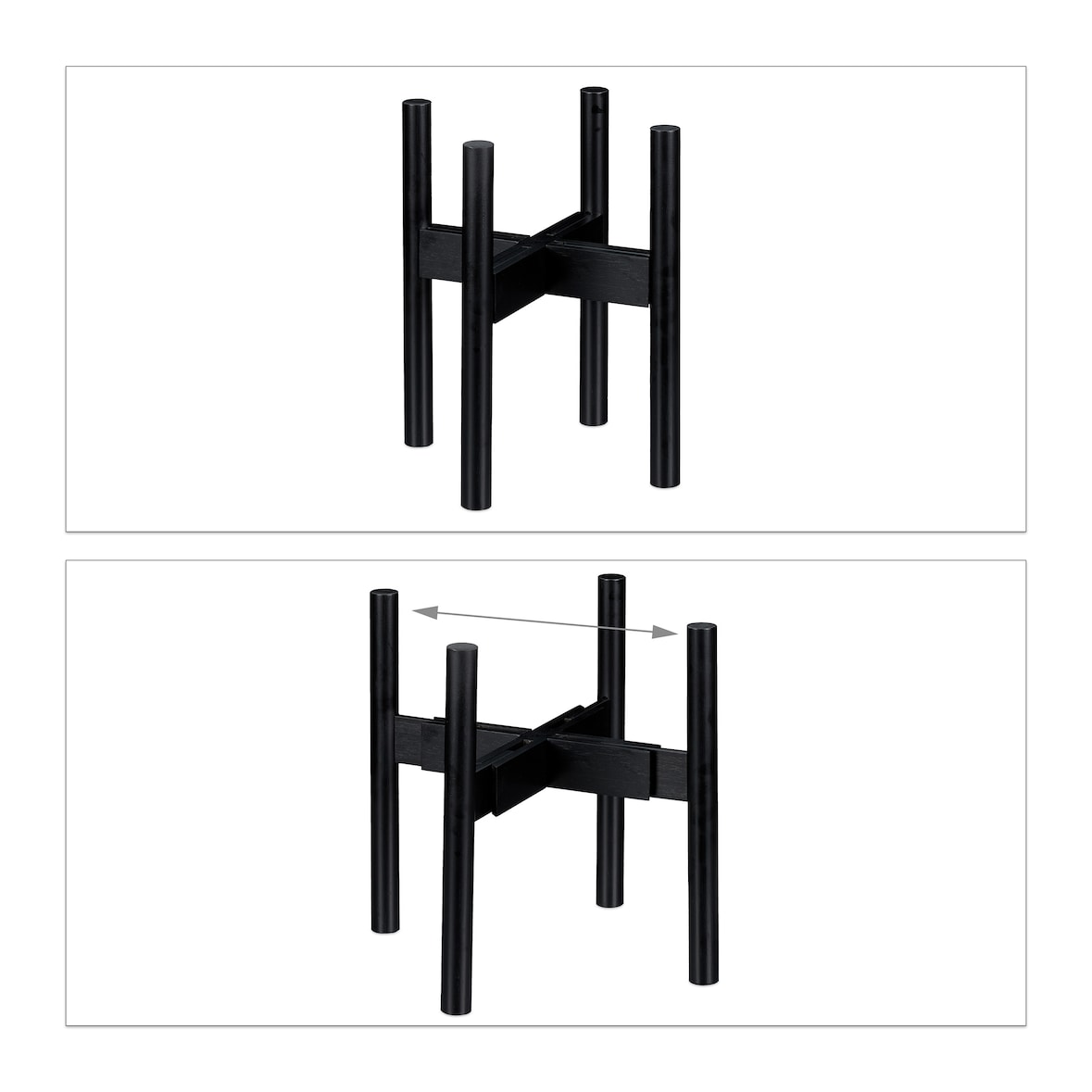 Relaxdays Blumenständer Bambus, individuell verstellbar, für Blumentöpfe bis 32 cm, Pflanzenständer, H: 35,5 cm, schwarz