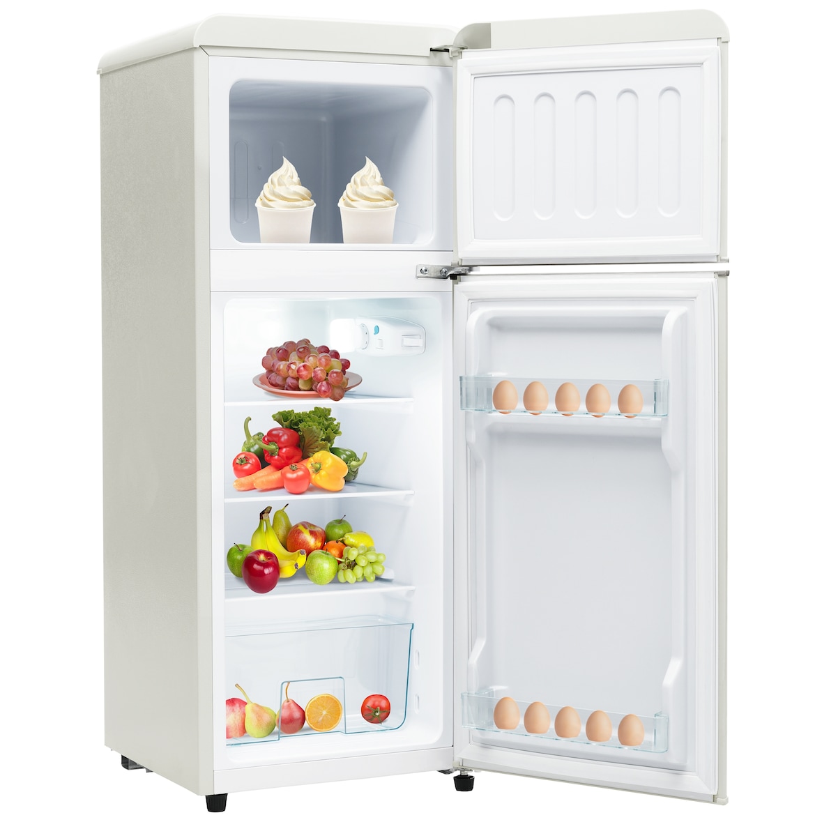 Zweitüriger Kühlschrank 92 L 105×41×45cm freistehend leise energieeffizient D-Klasse mit LED-Licht und verstellbaren Ablagen Antikweiß