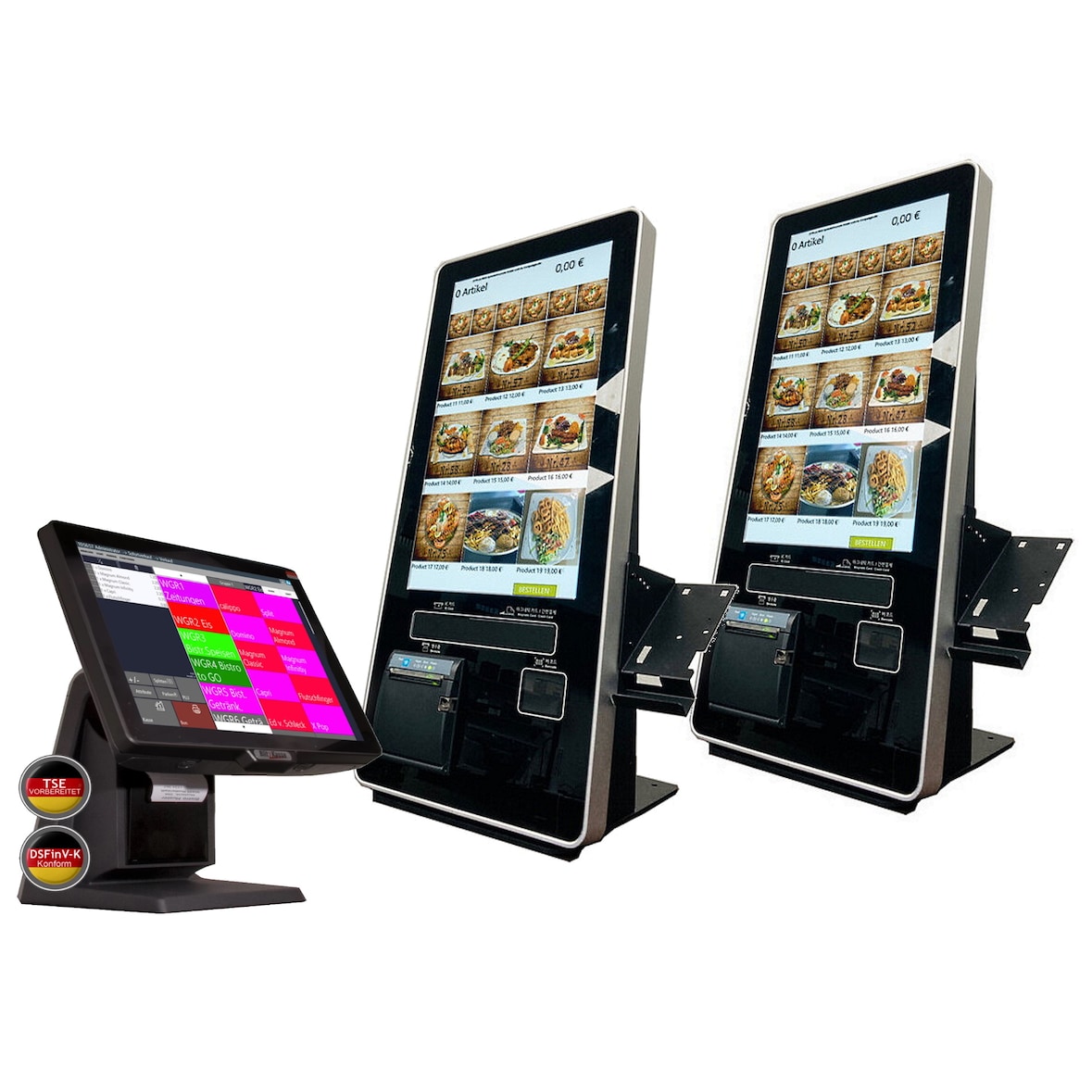 Kassensystem mit 2x 21" SelbstBedienungs-Terminal für Gastronomie und Schnellgastroniomie, SB-Kasse SB-Kiosk