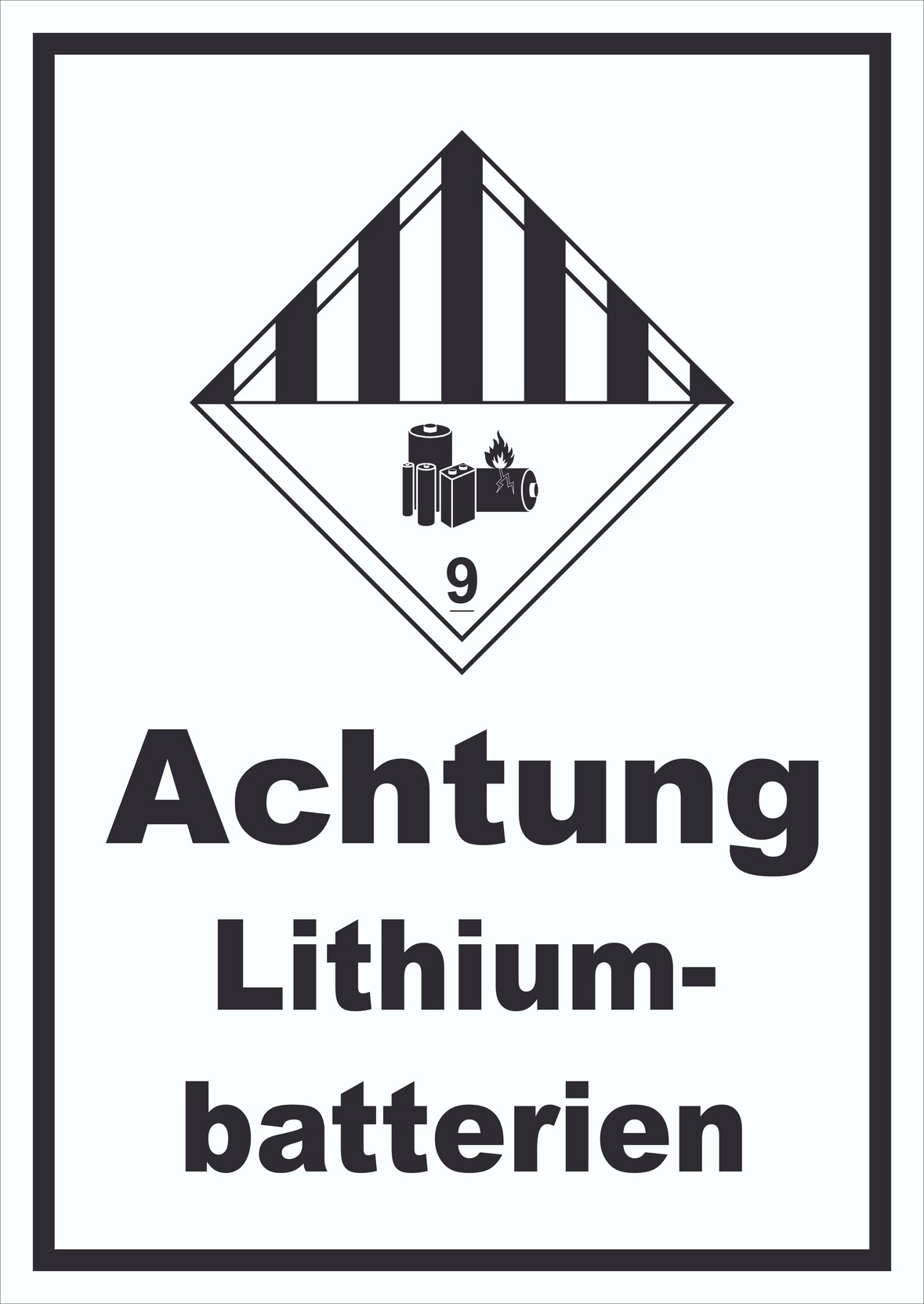 Schild Achtung Lithiumbatterien Gefahrgutklasse 9a hochkant A3 Rückseite selbstklebend