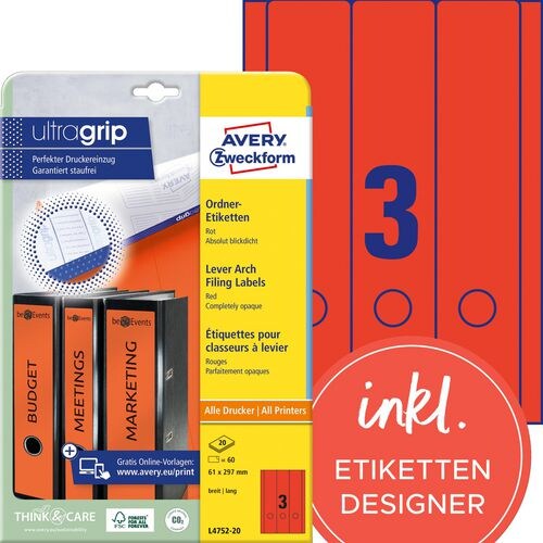 AVERY Zweckform ultragrip Ordneretiketten L4752-20 Selbsthaftend DIN A4 Rot 6,1 x 29,7 cm 20 Blatt à 3 Etiketten