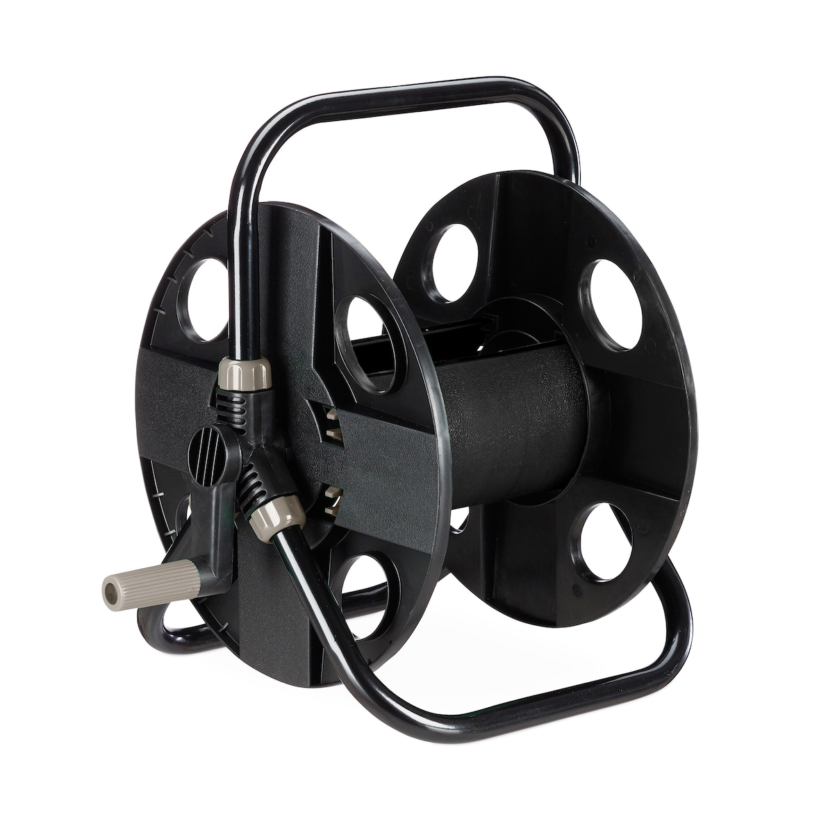 Relaxdays Schlauchtrommel, für 30 m 1/2" Schlauch, Stahl, Kunststoff, Schlauchhalter, HBT: 38 x 42 x 31 cm, schwarz-grau
