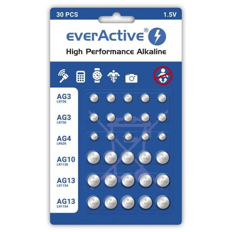 Everactive lot de 10 piles ag3, 5 x ag4, 5 x ag 10, 10 x ag13 1,5 v,