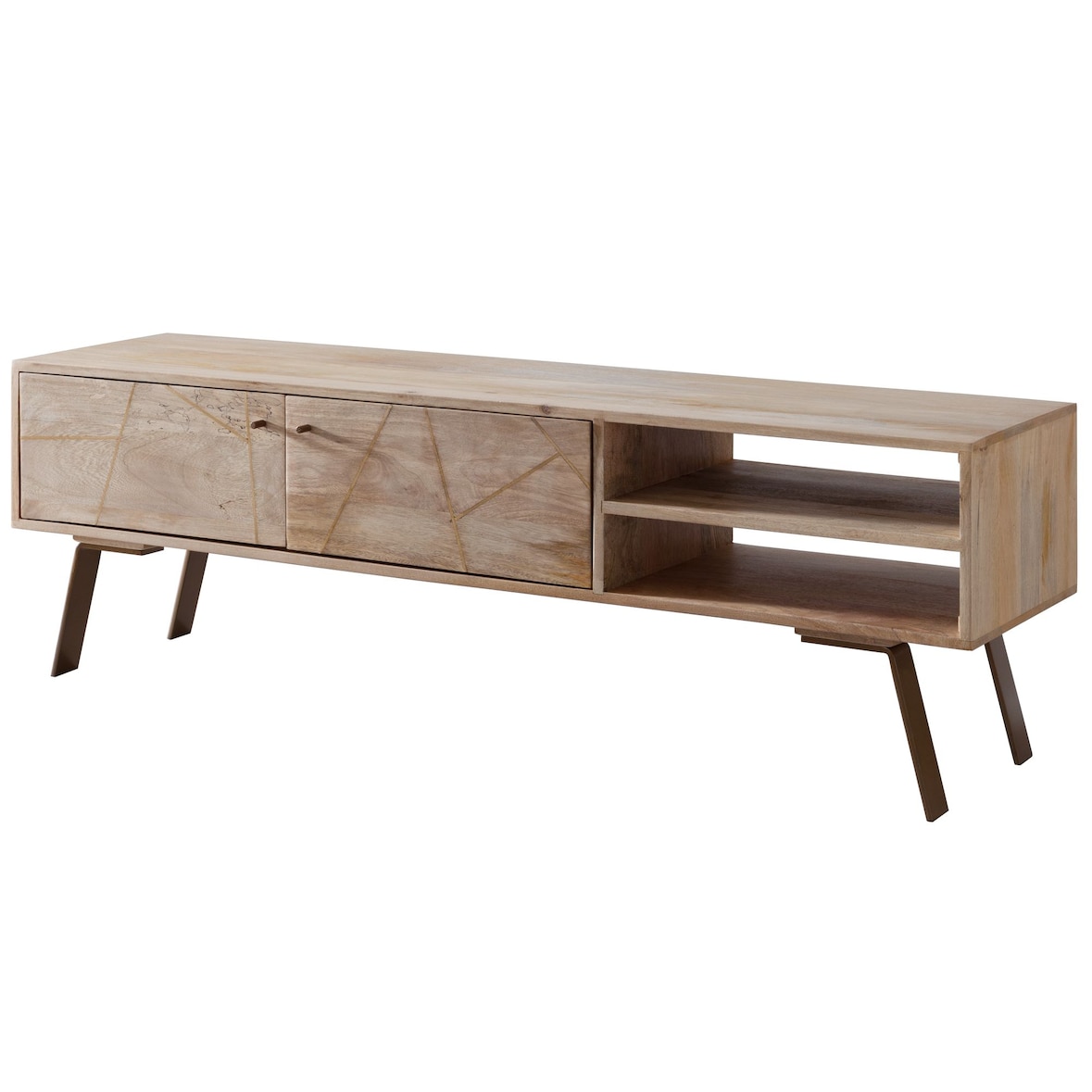 HiFi Lowboard SIKAR Mango Massivholz Landhaus TV Kommode 145x47x35cm, Fernsehschrank Unterschrank mit 2 Türen, Fernsehtisch Ablagefach,