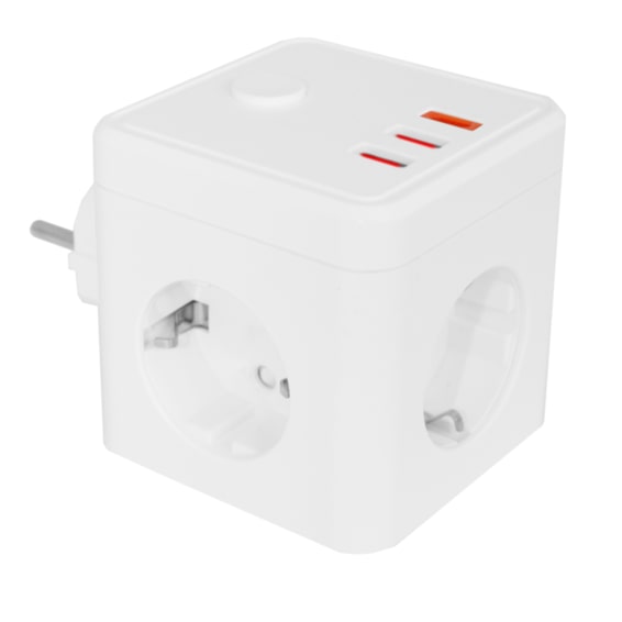 Cubo multi E-BLOCK 3 tomas +int. 2 USB-A+1 USB-C cable 1,4m IP20 blanco