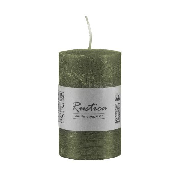Rustikale durchgefärbte Kerze Olive, 80 x 60 mm, Stumpenkerze, rußarm, tropffrei, RAL Kerzengüte Qualität