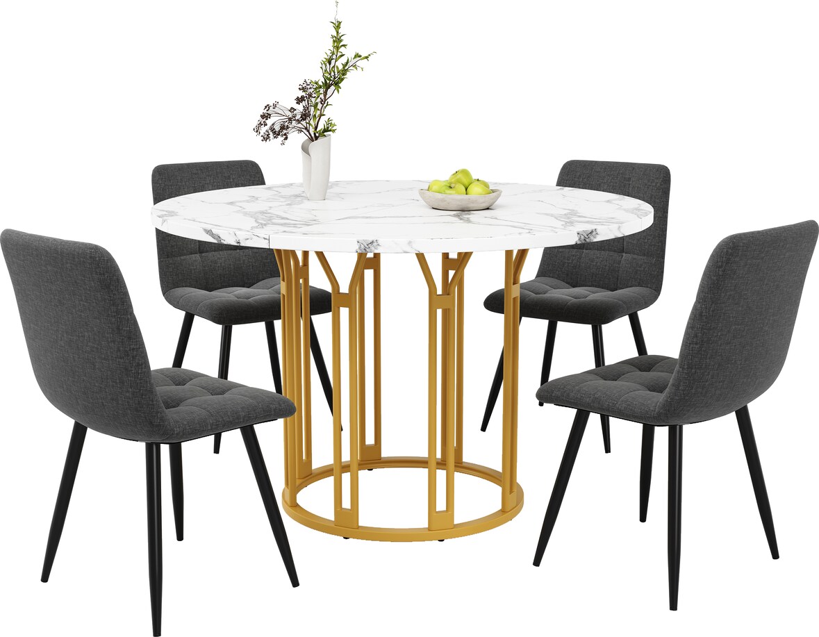 Esstisch Set 5 teilig rund Gold 100x100x74 cm mit 4 Polsterstühlen Leinenbezug, MDF Tischplatte in Marmoroptik, Metallgestell