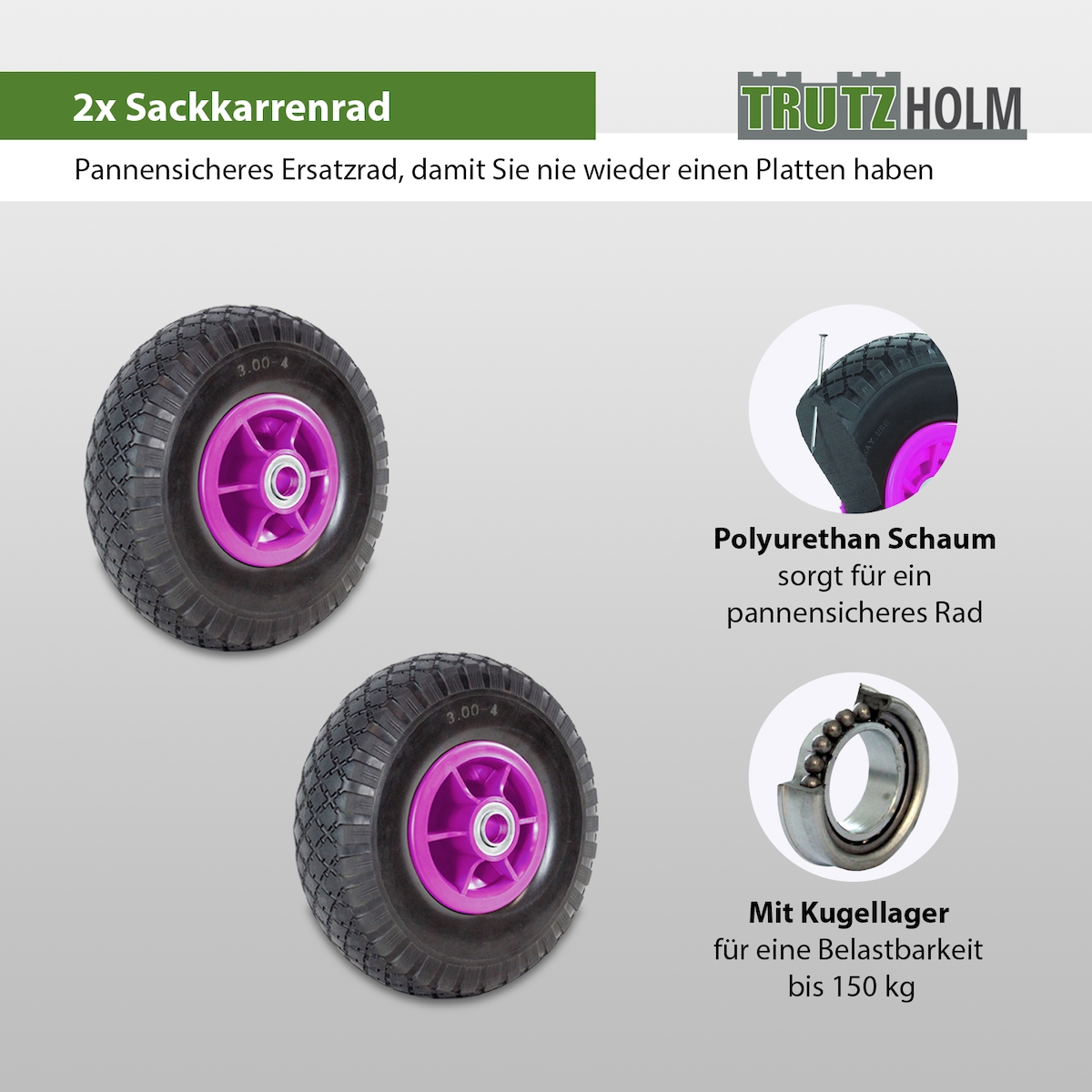 Baumarktplus 2x Sackkarrenrad PU-Rad 260x85 mm 3.00-4 60 mm versetze Nabe Ø 20 mm pink Vollgummi Bollerwagen