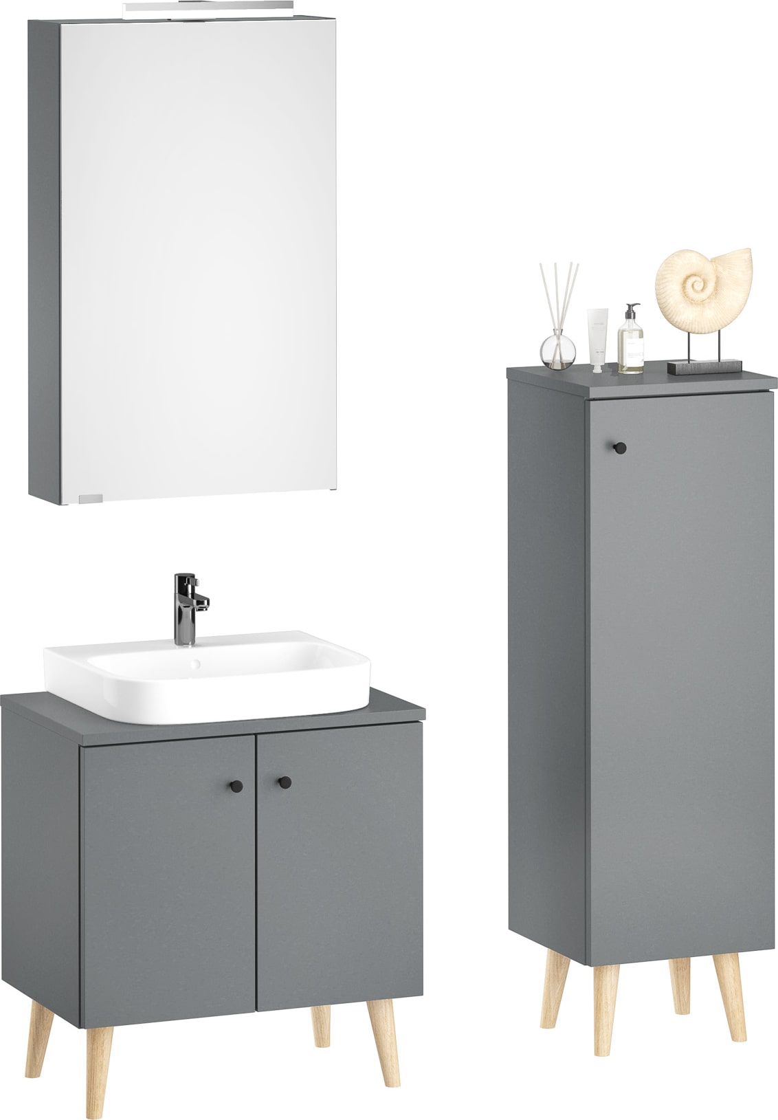 Badezimmermöbel-Set Spiegelschrank Waschtisch Badschrank grau mit Füßen V-90.59F-01