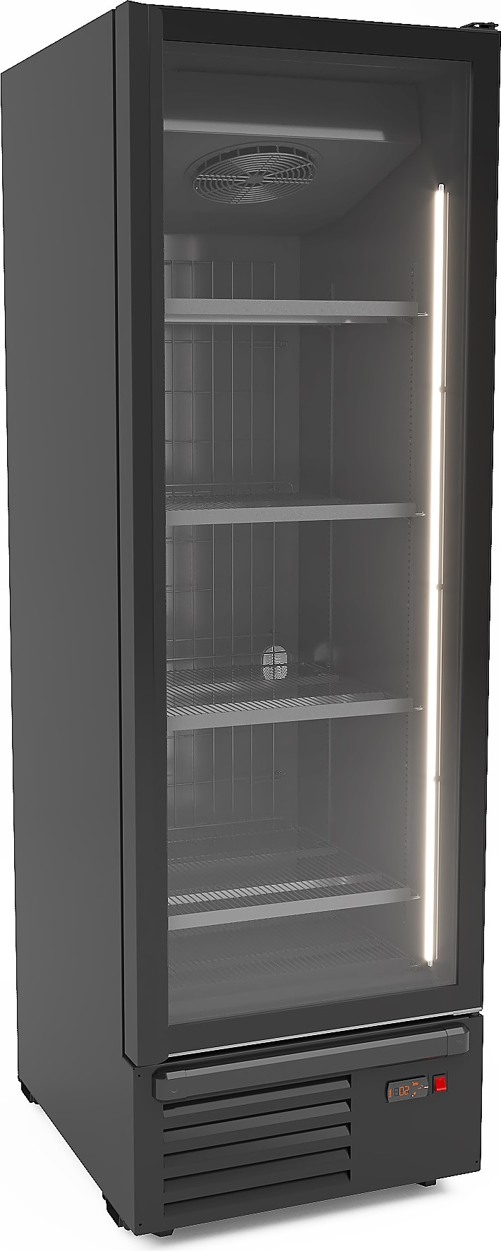Tiefkühlschrank GAZELLE, 1 Glastür + LED, 500L, HxBxT 208x67x85cm, -18/-23°C, 4 Gitter & Preiskartenhalter, Schwarz, + CHEFGASTRO Geschirrtuch