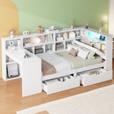 thumbnail of L-förmiges Holz-Plattformbett 90x200 mit Schreibtisch und Bücherregal, platzsparendes Tagesbett, multifunktionales Bettgestell, modernes Design, Weiß