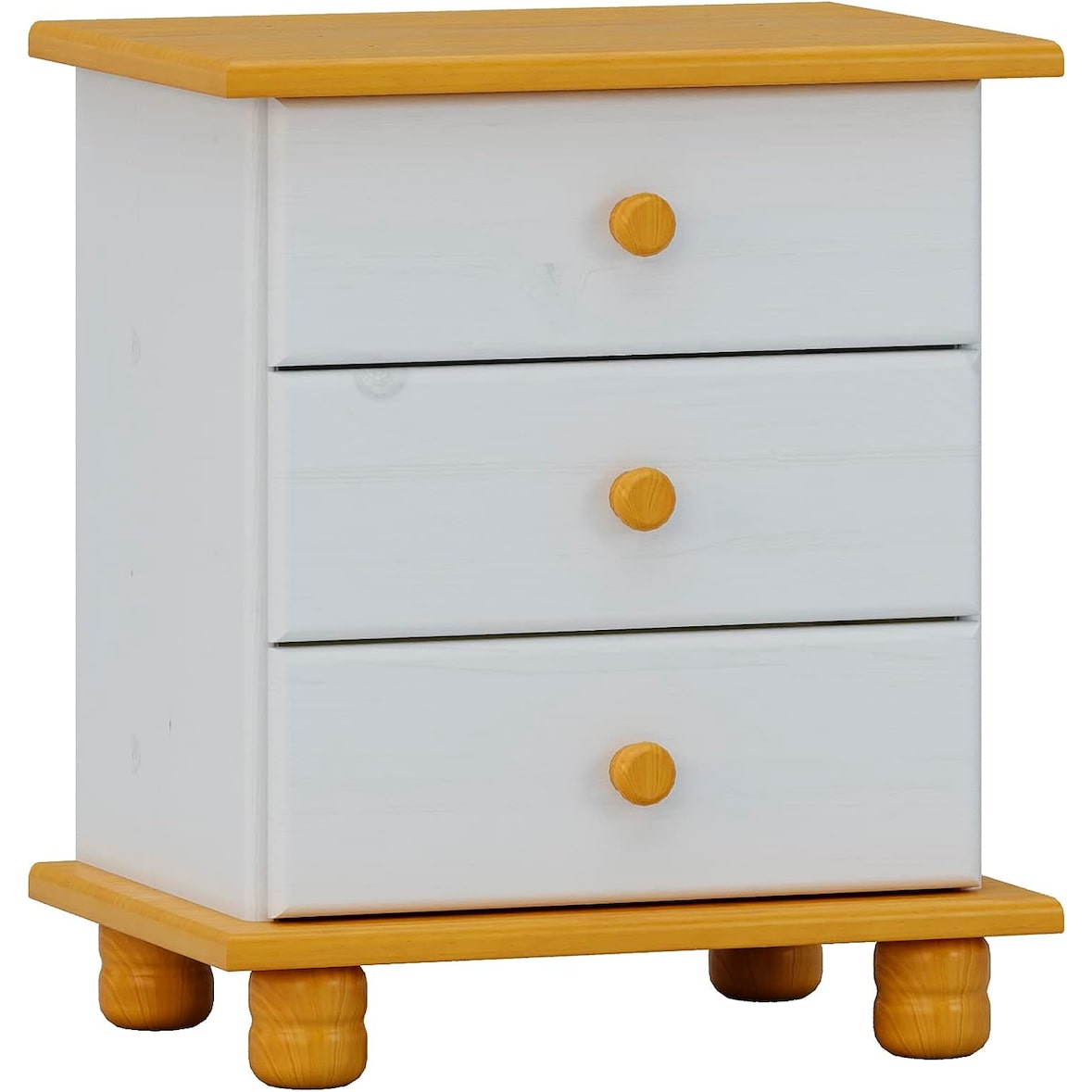 Mesita Altea 3 cajones, realizada en madera de Pino maciza , color Blanco y Miel, Medidas 55x48x34 cm. (altoxanchoxfondo)