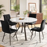 thumbnail of Essgruppe rund 100x100x75 cm Tisch MDF Marmoroptik mit Metallgestell Schwarz+Weiß, 4 Polsterstühle Wildlederoptik Schwarz, modern und platzsparend
