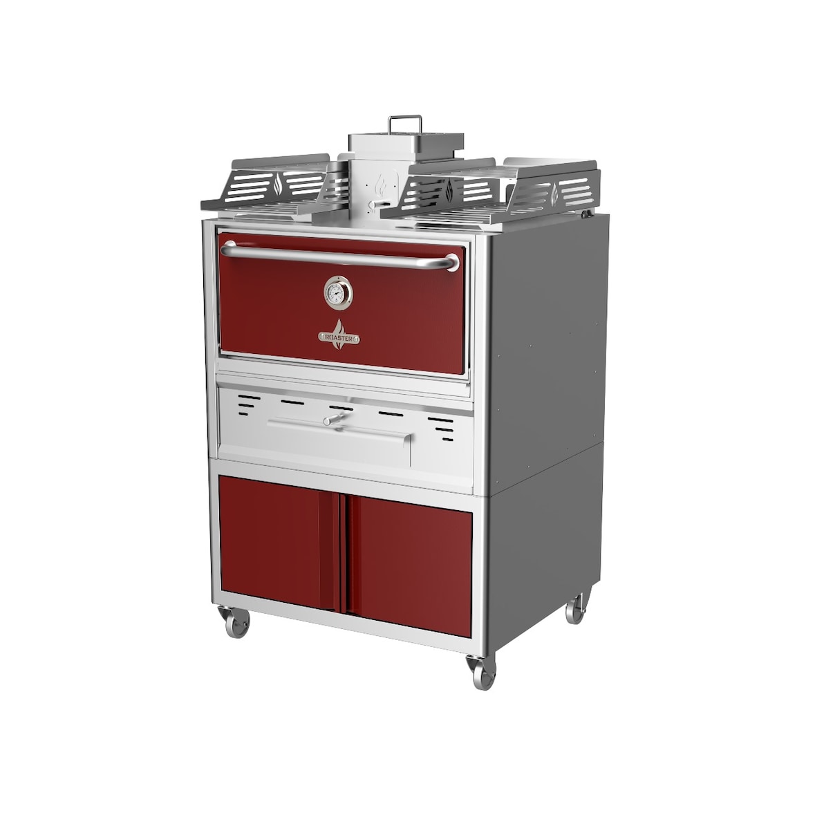 Forno per brasatura a carbone su supporto con rotelle, dimensioni 985x577x1685, porta rossa