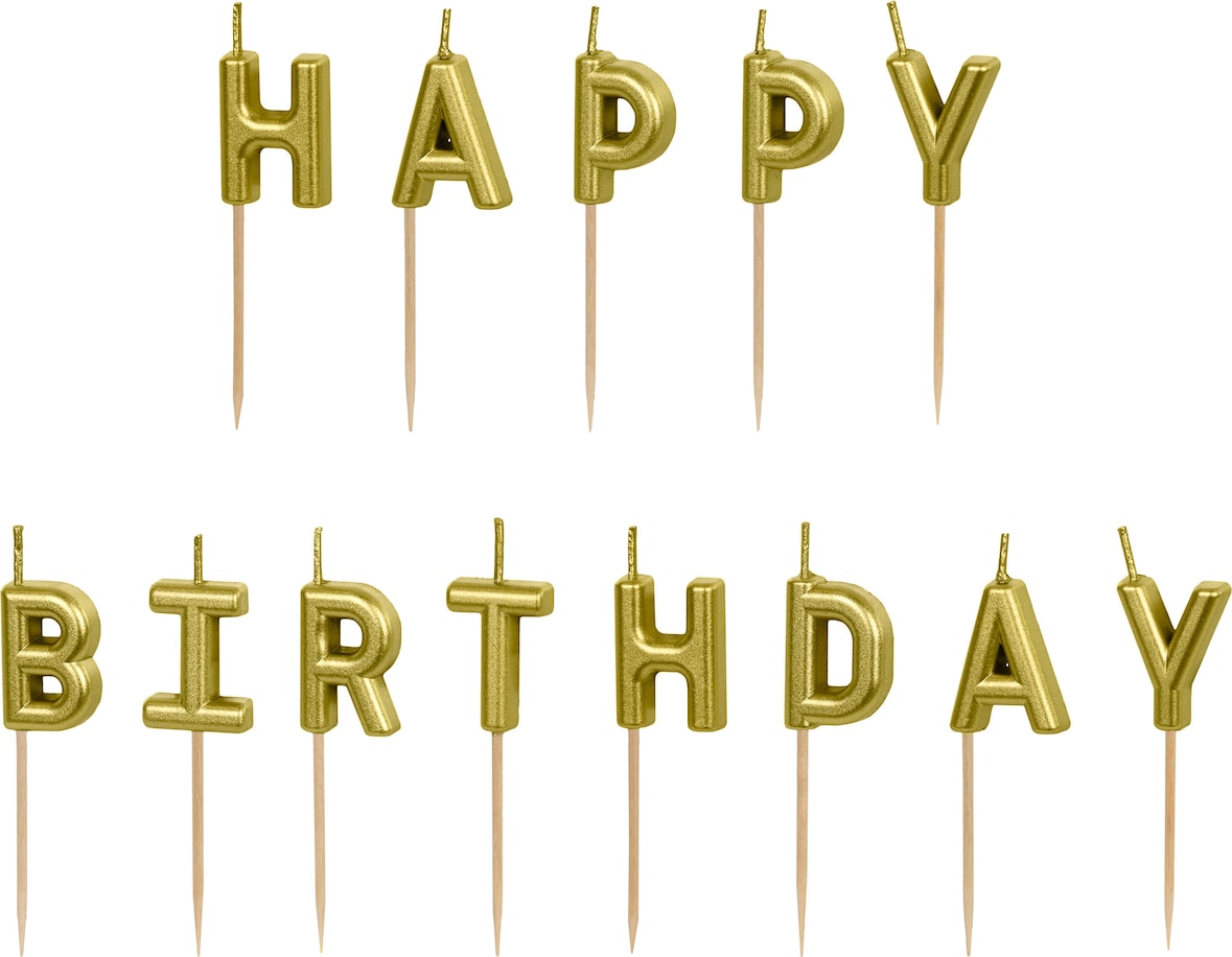 Geburtstagskerzen Happy Birthday 2,5cm - 13 Buchstabenkerzen Schriftzug Geburtstag Kuchenkerzen Tortenkerzen Partydeko Tortendeko Kuchendeko Gold