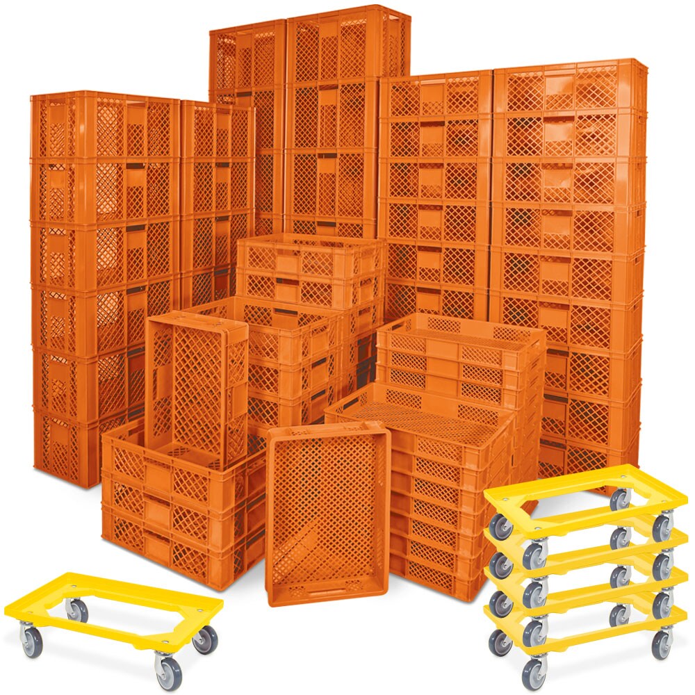 78 Bäckerkisten in 5 Größen, 600x400 mm, H 90 mm - 410 mm,orange + 5 Roller, gelb