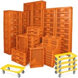 thumbnail of 78 Bäckerkisten in 5 Größen, 600x400 mm, H 90 mm - 410 mm,orange + 5 Roller, gelb
