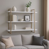 thumbnail of Estante de pared HWC-K78, estante colgante estante flotante, 3 estantes de metal de madera maciza industrial 60x60x18cm ~ blanco, oro metálico