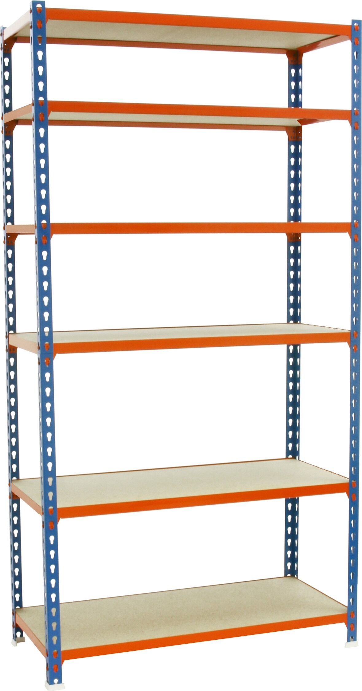 SimonRack Estantería Metálica, 2500x1100x500 mm, 6 Alturas, Bandeja Madera, 200 kg de Punto Flexión, Azul/Naranja/Madera - Maderclick