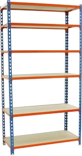 thumbnail of SimonRack Estantería Metálica, 2500x1100x500 mm, 6 Alturas, Bandeja Madera, 200 kg de Punto Flexión, Azul/Naranja/Madera - Maderclick