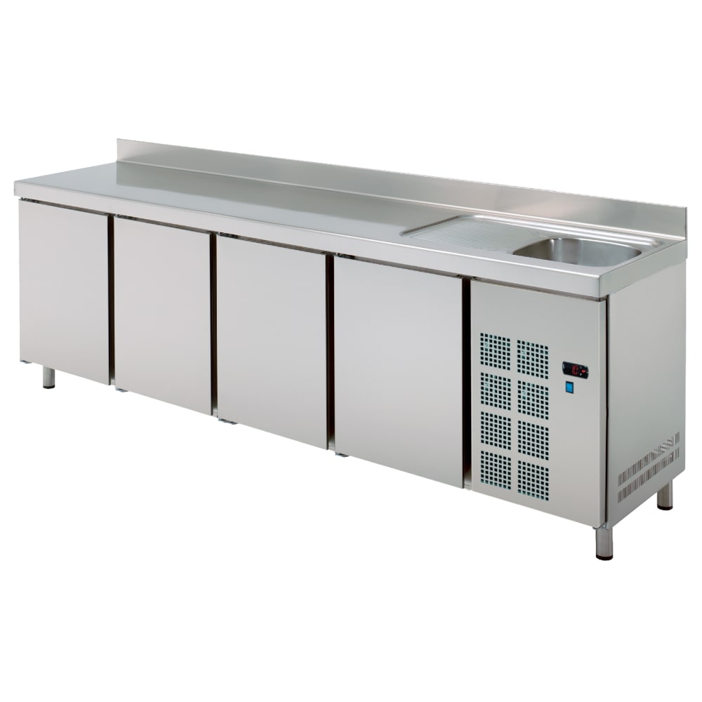 Tavolo frigorifero 4 porte e lavandino con scola - 2545x600x850 mm - 350 W 230/1V - 70389509 Eurast