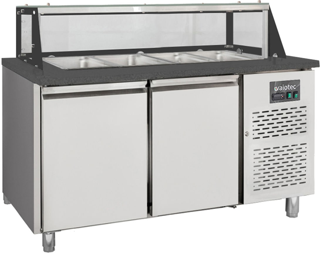 vaiotec Salattheke / 2-fach mit Türen, Glasaufbau, für 4x GN 1/1 "schwarz", 1500 x 800 mm