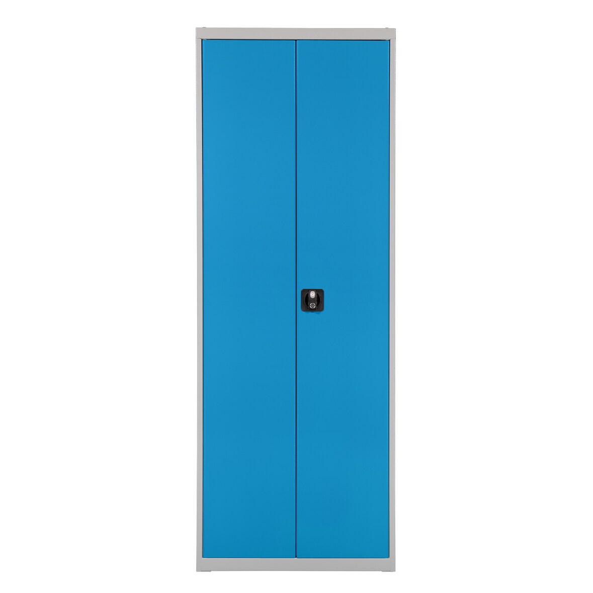 PROREGAL Flügeltürenschrank Owl mit 12 Fachböden + 58 Sichtlagerkästen | HxBxT 195x71x30cm | Lichtgrau/Lichtblau | Spind, Kleinteillager