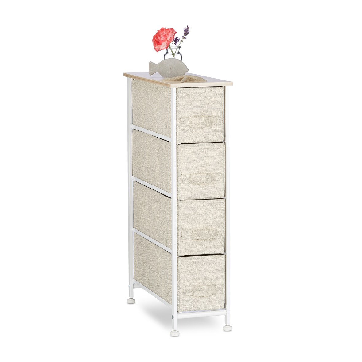 Relaxdays Regalsystem, 4 Stoff-Schubladen, universale Schubladenbox, Metall und Holz, HxBxT: 76 x 20 x 48 cm, beige