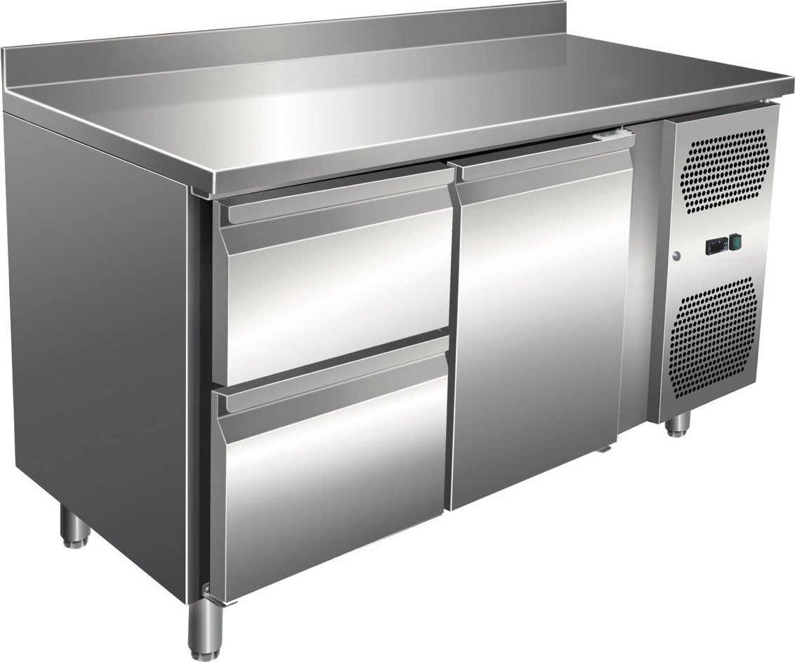 Gastro Edelstahl Kühltisch Kühltheke 1 Tür / 2 Schubladen 115 L -2/+8°C Aufkantung