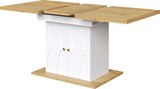 thumbnail of Ausziehbarer Esstisch MDF/Metall Weiß 110(140)x70x76,5 cm mit Stauraum und Reliefdekor