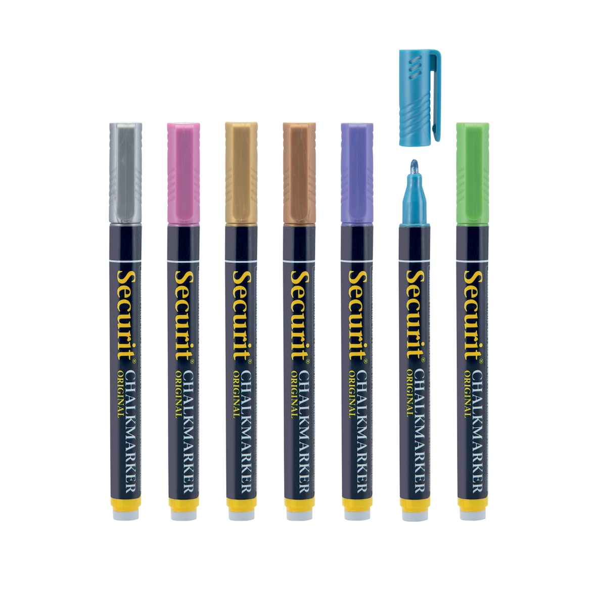 Securit® Conjunto de 7 marcadores de giz líquido - Verde, Azul, Roxo, Rosa, Bronze, Dourado, Prateado - Ponta redonda 1-2mm