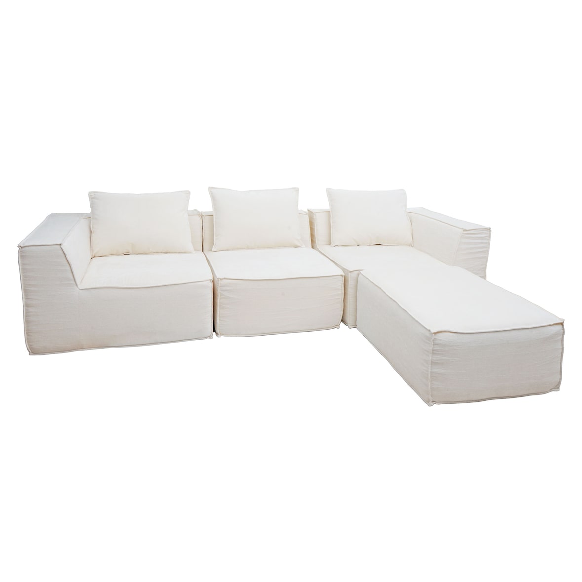 Sofá em L HWC-O54, sofá lounge com otomano, modular extensível direita/esquerda, tecido/têxtil 63x270x190cm ~ creme